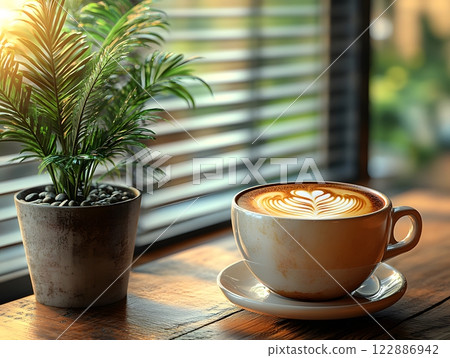 Morning coffee with latte art on a wooden table next to a potted plant. Perfect for promoting a cafe or creating a relaxing atmosphere on social media. It gives a feeling of warmth start to the day. 122886942
