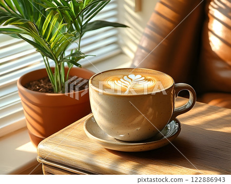 Morning coffee with latte art on a wooden table next to a potted plant. Perfect for promoting a cafe or creating a relaxing atmosphere on social media. It gives a feeling of warmth start to the day. 122886943