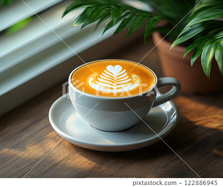 Morning coffee with latte art on a wooden table next to a potted plant. Perfect for promoting a cafe or creating a relaxing atmosphere on social media. It gives a feeling of warmth start to the day. 122886945