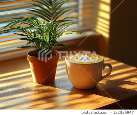 Morning coffee with latte art on a wooden table... - Stock Illustration ...