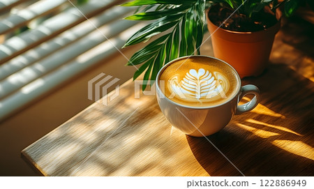 Morning coffee with latte art on a wooden table next to a potted plant. Perfect for promoting a cafe or creating a relaxing atmosphere on social media. It gives a feeling of warmth start to the day. 122886949