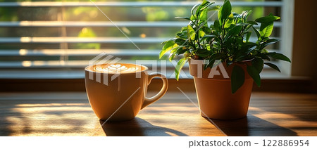 Morning coffee with latte art on a wooden table... - Stock Illustration ...