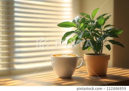 Morning coffee with latte art on a wooden table... - Stock Illustration ...