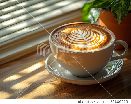 Morning coffee with latte art on a wooden table next to a potted plant. Perfect for promoting a cafe or creating a relaxing atmosphere on social media. It gives a feeling of warmth start to the day. 122886963