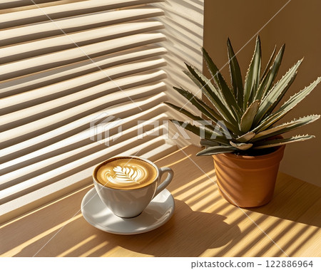 Morning coffee with latte art on a wooden table next to a potted plant. Perfect for promoting a cafe or creating a relaxing atmosphere on social media. It gives a feeling of warmth start to the day. Morning coffee with latte art on a wooden table next to a potted plant. Perfect for promoting a cafe or creating a relaxing atmosphere on social media. It gives a feeling of warmth start to the day. 122886964