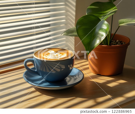 Morning coffee with latte art on a wooden table next to a potted plant. Perfect for promoting a cafe or creating a relaxing atmosphere on social media. It gives a feeling of warmth start to the day. Morning coffee with latte art on a wooden table next to a potted plant. Perfect for promoting a cafe or creating a relaxing atmosphere on social media. It gives a feeling of warmth start to the day. 122886965