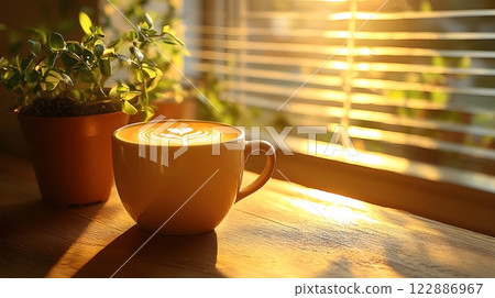 Morning coffee with latte art on a wooden table next to a potted plant. Perfect for promoting a cafe or creating a relaxing atmosphere on social media. It gives a feeling of warmth start to the day. Morning coffee with latte art on a wooden table next to a potted plant. Perfect for promoting a cafe or creating a relaxing atmosphere on social media. It gives a feeling of warmth start to the day. 122886967