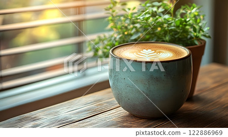 Morning coffee with latte art on a wooden table next to a potted plant. Perfect for promoting a cafe or creating a relaxing atmosphere on social media. It gives a feeling of warmth start to the day. Morning coffee with latte art on a wooden table next to a potted plant. Perfect for promoting a cafe or creating a relaxing atmosphere on social media. It gives a feeling of warmth start to the day. 122886969