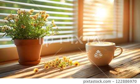 Morning coffee with latte art on a wooden table next to a potted plant. Perfect for promoting a cafe or creating a relaxing atmosphere on social media. It gives a feeling of warmth start to the day. Morning coffee with latte art on a wooden table next to a potted plant. Perfect for promoting a cafe or creating a relaxing atmosphere on social media. It gives a feeling of warmth start to the day. 122886970