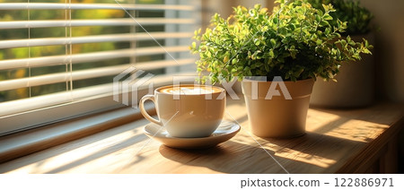 Morning coffee with latte art on a wooden table next to a potted plant. Perfect for promoting a cafe or creating a relaxing atmosphere on social media. It gives a feeling of warmth start to the day. Morning coffee with latte art on a wooden table next to a potted plant. Perfect for promoting a cafe or creating a relaxing atmosphere on social media. It gives a feeling of warmth start to the day. 122886971