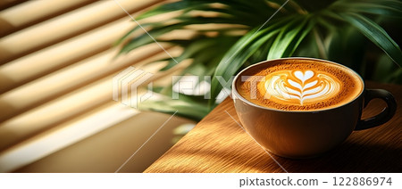 Morning coffee with latte art on a wooden table next to a potted plant. Perfect for promoting a cafe or creating a relaxing atmosphere on social media. It gives a feeling of warmth start to the day. 122886974
