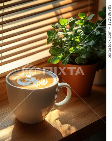 Morning coffee with latte art on a wooden table next to a potted plant. Perfect for promoting a cafe or creating a relaxing atmosphere on social media. It gives a feeling of warmth start to the day. 122886985