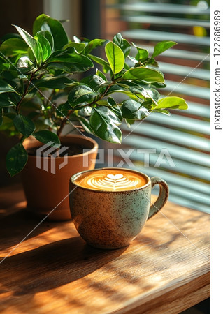 Morning coffee with latte art on a wooden table next to a potted plant. Perfect for promoting a cafe or creating a relaxing atmosphere on social media. It gives a feeling of warmth start to the day. Morning coffee with latte art on a wooden table next to a potted plant. Perfect for promoting a cafe or creating a relaxing atmosphere on social media. It gives a feeling of warmth start to the day. 122886989
