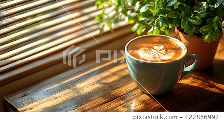 Morning coffee with latte art on a wooden table next to a potted plant. Perfect for promoting a cafe or creating a relaxing atmosphere on social media. It gives a feeling of warmth start to the day. 122886992