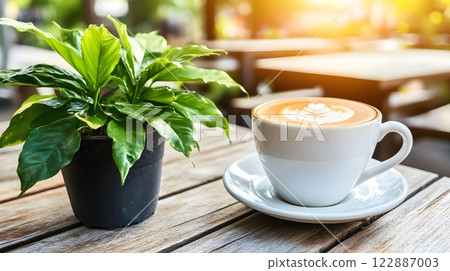 Morning coffee with latte art on a wooden table next to a potted plant. Perfect for promoting a cafe or creating a relaxing atmosphere on social media. It gives a feeling of warmth start to the day. 122887003