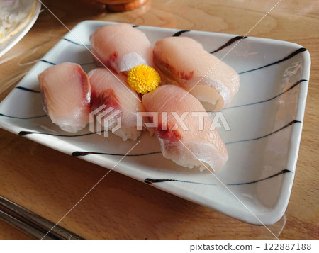Buri (winter Japanese yellowtail) sushi Seafood nigiri sushi, winter yellowtail Buri (winter Japanese yellowtail) sushi Seafood nigiri sushi, winter yellowtail 122887188