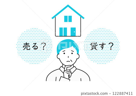 空屋問題的圖片 - 一位中年男子正在考慮是否出售或出租他的房子 122887411