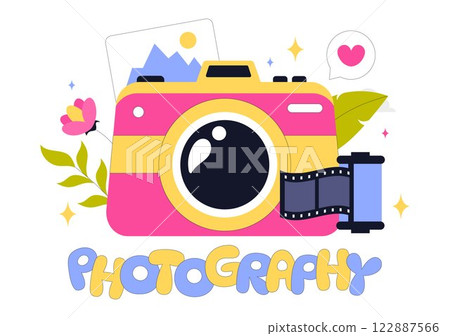 Photography Vector Illustration Featuring a Camera and Equipment for Capturing Travel, Tourism, Adventure, and Memories in a Flat Style Background 122887566