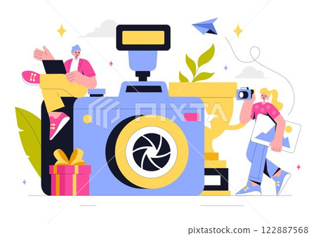 Photography Vector Illustration Featuring a Camera and Equipment for Capturing Travel, Tourism, Adventure, and Memories in a Flat Style Background Photography Vector Illustration Featuring a Camera and Equipment for Capturing Travel, Tourism, Adventure, and Memories in a Flat Style Background 122887568