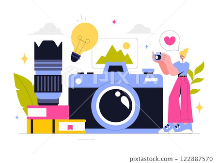 Photography Vector Illustration Featuring a Camera and Equipment for Capturing Travel, Tourism, Adventure, and Memories in a Flat Style Background Photography Vector Illustration Featuring a Camera and Equipment for Capturing Travel, Tourism, Adventure, and Memories in a Flat Style Background 122887570