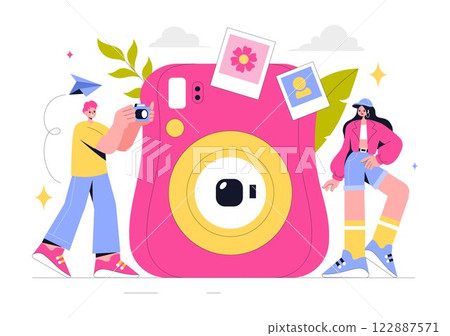 Photography Vector Illustration Featuring a Camera and Equipment for Capturing Travel, Tourism, Adventure, and Memories in a Flat Style Background 122887571