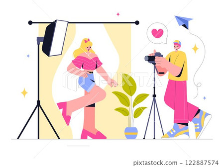 Photography Vector Illustration Featuring a Camera and Equipment for Capturing Travel, Tourism, Adventure, and Memories in a Flat Style Background 122887574