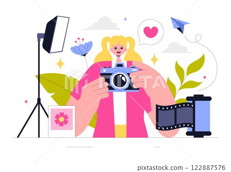 Photography Vector Illustration Featuring a Camera and Equipment for Capturing Travel, Tourism, Adventure, and Memories in a Flat Style Background Photography Vector Illustration Featuring a Camera and Equipment for Capturing Travel, Tourism, Adventure, and Memories in a Flat Style Background 122887576