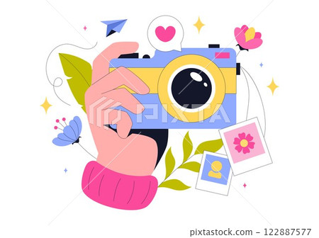 Photography Vector Illustration Featuring a Camera and Equipment for Capturing Travel, Tourism, Adventure, and Memories in a Flat Style Background Photography Vector Illustration Featuring a Camera and Equipment for Capturing Travel, Tourism, Adventure, and Memories in a Flat Style Background 122887577