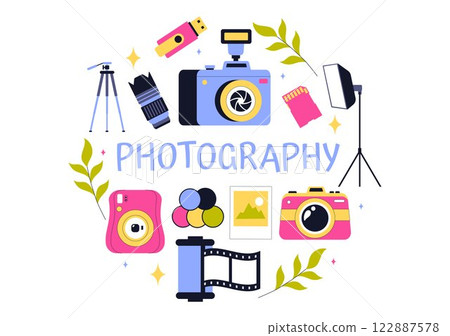 Photography Vector Illustration Featuring a Camera and Equipment for Capturing Travel, Tourism, Adventure, and Memories in a Flat Style Background Photography Vector Illustration Featuring a Camera and Equipment for Capturing Travel, Tourism, Adventure, and Memories in a Flat Style Background 122887578