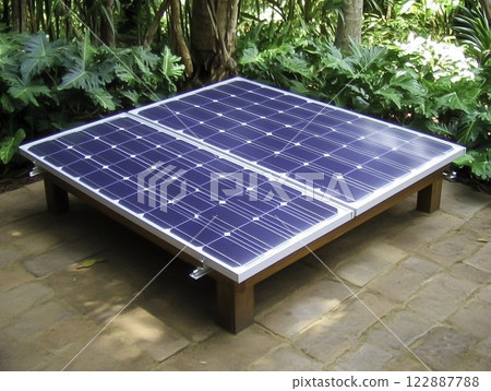Solar Panel Installation on Outdoor Platform Surrounded by Greenery 122887788