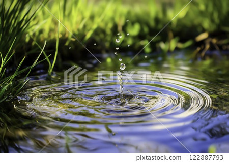 Water Droplet Falling into Calm Pond Surrounded by Green Grass Water Droplet Falling into Calm Pond Surrounded by Green Grass 122887793