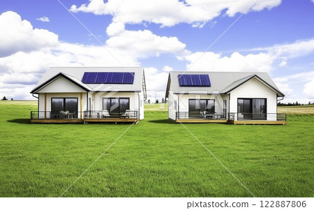 Modern Eco-Friendly Houses with Solar Panels in Green Landscape Modern Eco-Friendly Houses with Solar Panels in Green Landscape 122887806