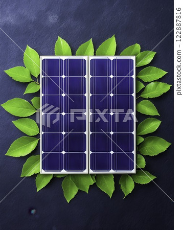 Solar Panels Surrounded by Fresh Green Leaves on Dark Background Solar Panels Surrounded by Fresh Green Leaves on Dark Background 122887816