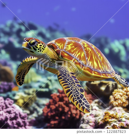 Colorful Turtle Swimming in Vibrant Coral Reef Underwater Scene Colorful Turtle Swimming in Vibrant Coral Reef Underwater Scene 122887823