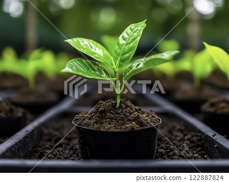 Vibrant Green Seedling in Black Pot Surrounded by Rich Soil Vibrant Green Seedling in Black Pot Surrounded by Rich Soil 122887824