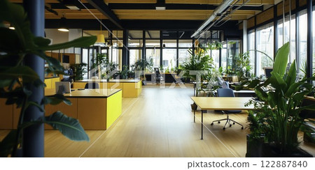 Modern office interior design with greenery and wooden elements 122887840