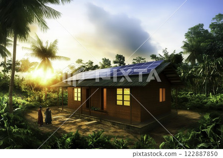 Modern Eco-Friendly Home Surrounded by Lush Green Nature at Sunset Modern Eco-Friendly Home Surrounded by Lush Green Nature at Sunset 122887850