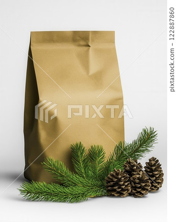 Brown Paper Bag with Pine Cones and Evergreen Leaves Decor Brown Paper Bag with Pine Cones and Evergreen Leaves Decor 122887860
