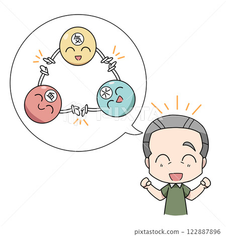 Illustration of an elderly man with a healthy and balanced mind, blood, and water Illustration of an elderly man with a healthy and balanced mind, blood, and water 122887896