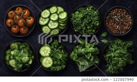Watercolor Illustration of Fresh Vegetables and Herbs in Bowls Watercolor Illustration of Fresh Vegetables and Herbs in Bowls 122887940