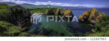 Scenic Rocky Coastline with Crashing Waves and a Lighthouse View 122887963