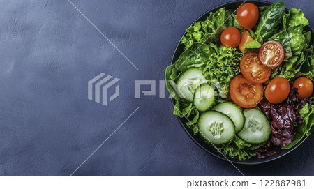 Fresh Salad with Vibrant Vegetables Close Up on a Dark Background 122887981