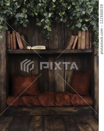 Cozy Reading Nook with Greenery and Books on Wooden Shelves Cozy Reading Nook with Greenery and Books on Wooden Shelves 122888039