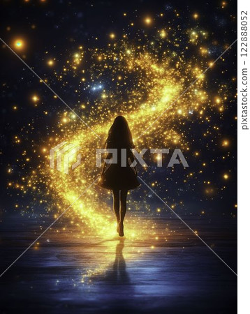 Walking Under Stars in a Magical Night Scene with Sparkling Effect 122888052