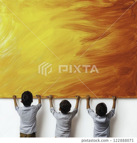 Children Creating Vibrant Art on Large Canvas with Joyful Colors 122888071