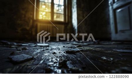 Abandoned Building Interior with Scattered Debris and Dim Light 122888090
