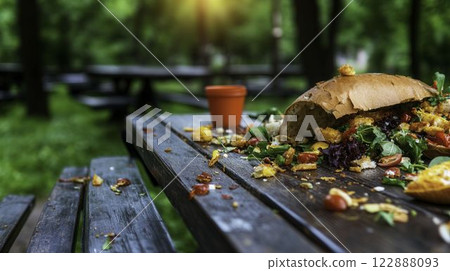 Leftover Food Waste on Abandoned Picnic Tables in Nature Area Leftover Food Waste on Abandoned Picnic Tables in Nature Area 122888093
