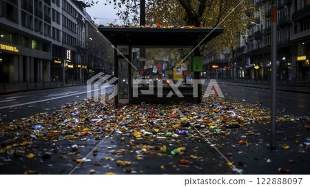 Bus stop covered in trash and cigarette butts during rainy weather 122888097