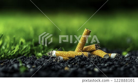 Cigarette Butts Scattered Around Park Entrance in Low Resolution Image 122888101