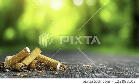 Scattered Cigarette Butts at Park Entrance on Wooden Surface Scattered Cigarette Butts at Park Entrance on Wooden Surface 122888102